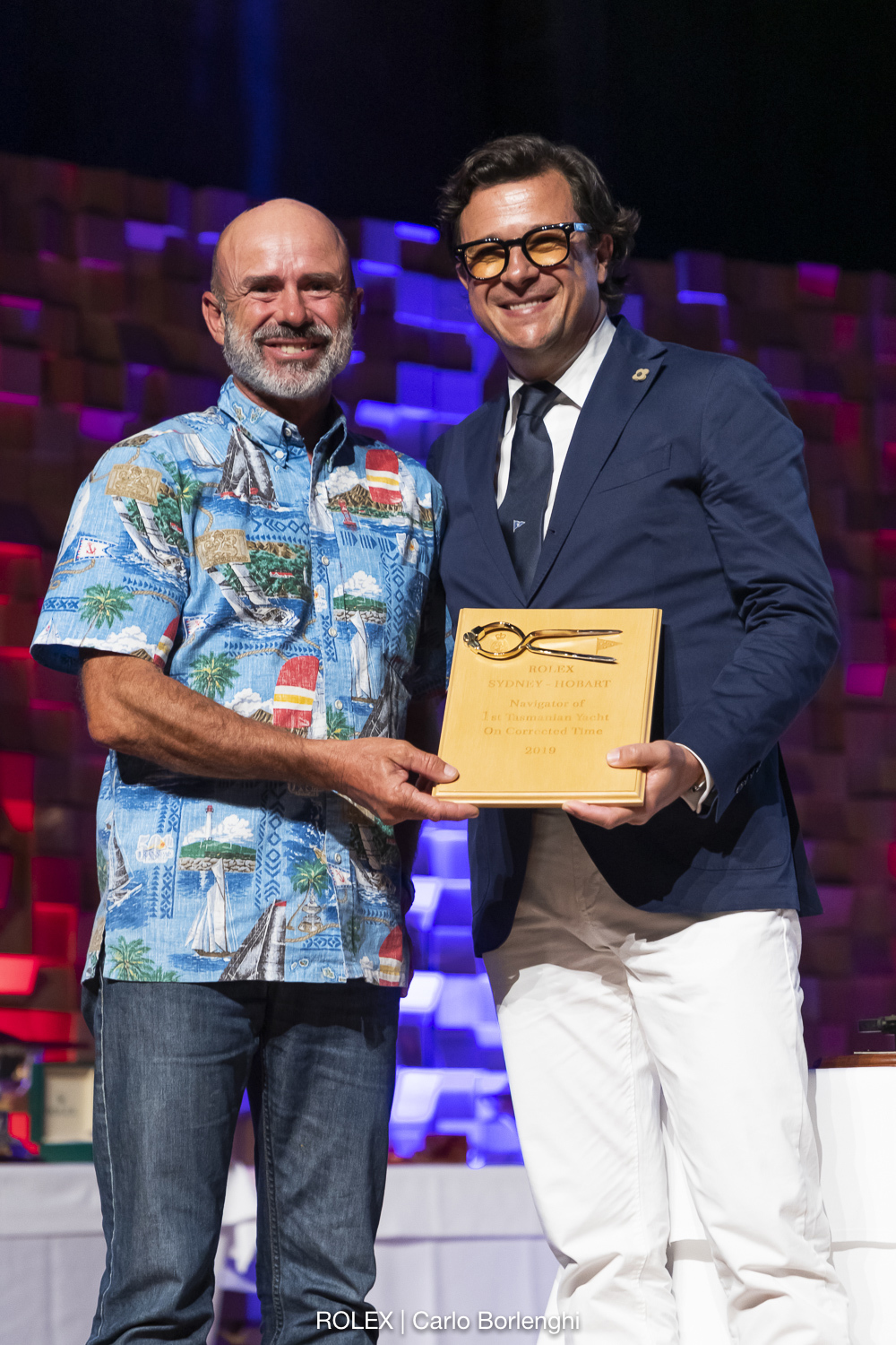 Phillip Turner - Navigator of First Tasmanian Yacht on Corrected Time.  With Rolex Australia General Manager Patrick Boutellier.