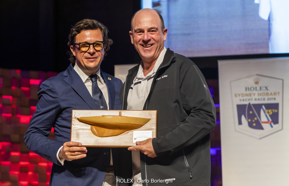 Allan Payne Memorial Trophy for the designer of the winning yacht - Botin Partners.  Accepted by Matt Allen.  With Rolex Australia General Manager Patrick Boutellier.