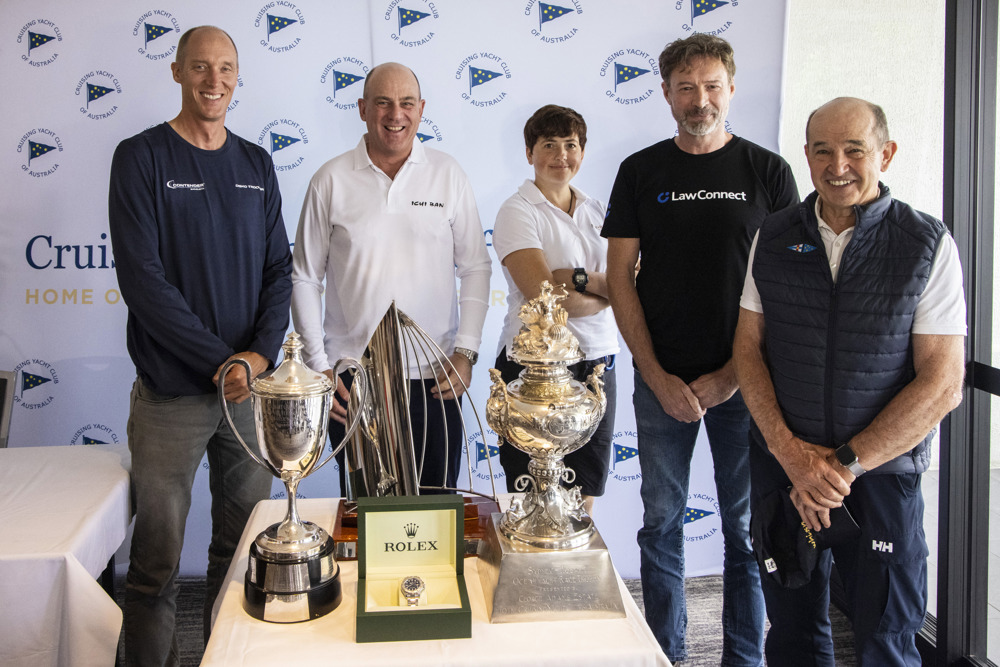 2021 Rolex Sydney Hobart Press Conference - (l to r) Jules Hall, Matt Allen AM, Jen Linkova, Christian Beck and David Griffith AM.          Photo - Andrea Francolini/Rolex