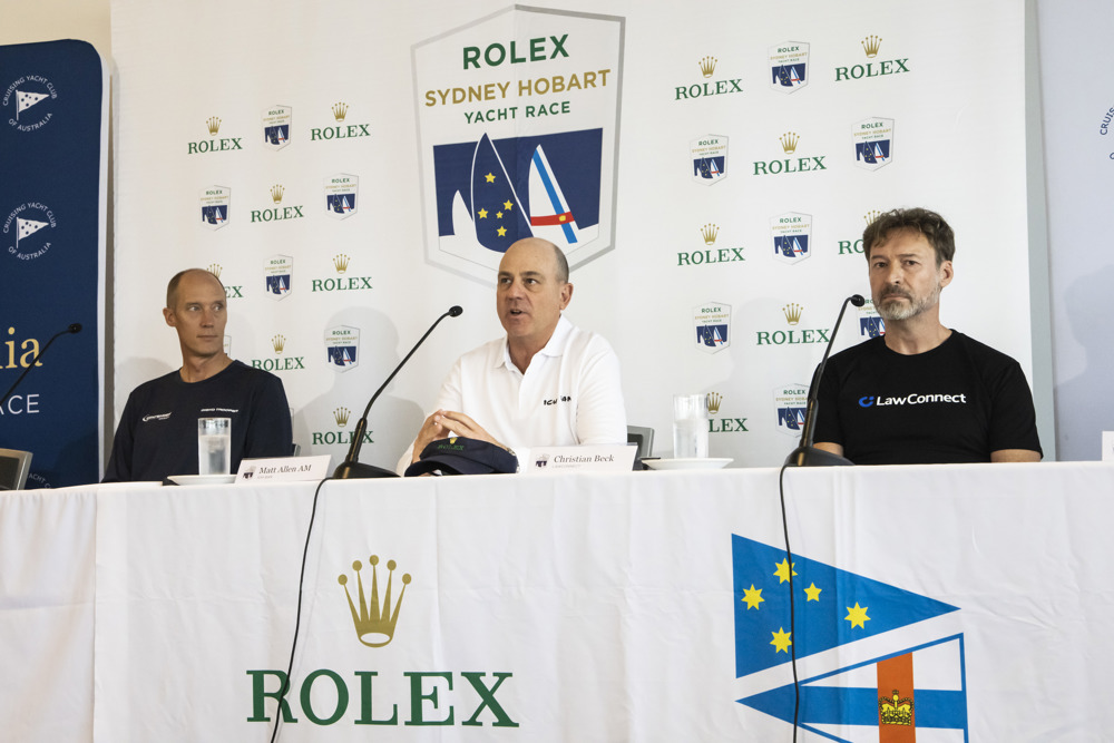 Rolex Sydney Hobart 2021 Press Conference - Cruising Yacht Club of Australia - (l to r) Jules Hall, Matt Allen and Christian Beck