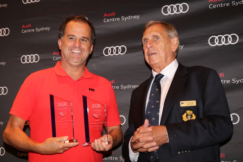 CYCA Vice Commodore Arthur Lane with Crux owner and co-skipper Carlos Aydos.
