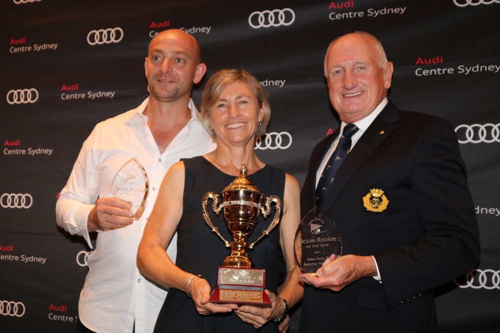 CYCA Commodore Noel Cornish AM with CYCA Ocean Racing Rookies of the Year, Alex Seja and Felicity Nelson (Supernova).