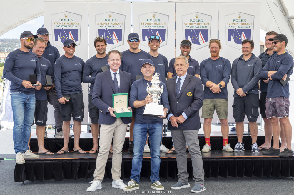 Dock Awards Ceremony - Overall winner.
Celestial crew, Benoit Falletti (Rolex Australia), Sam Haynes (Owner of Celestial) and Arthur Lane (Commodore of Cruising Yacht Club of Australia)