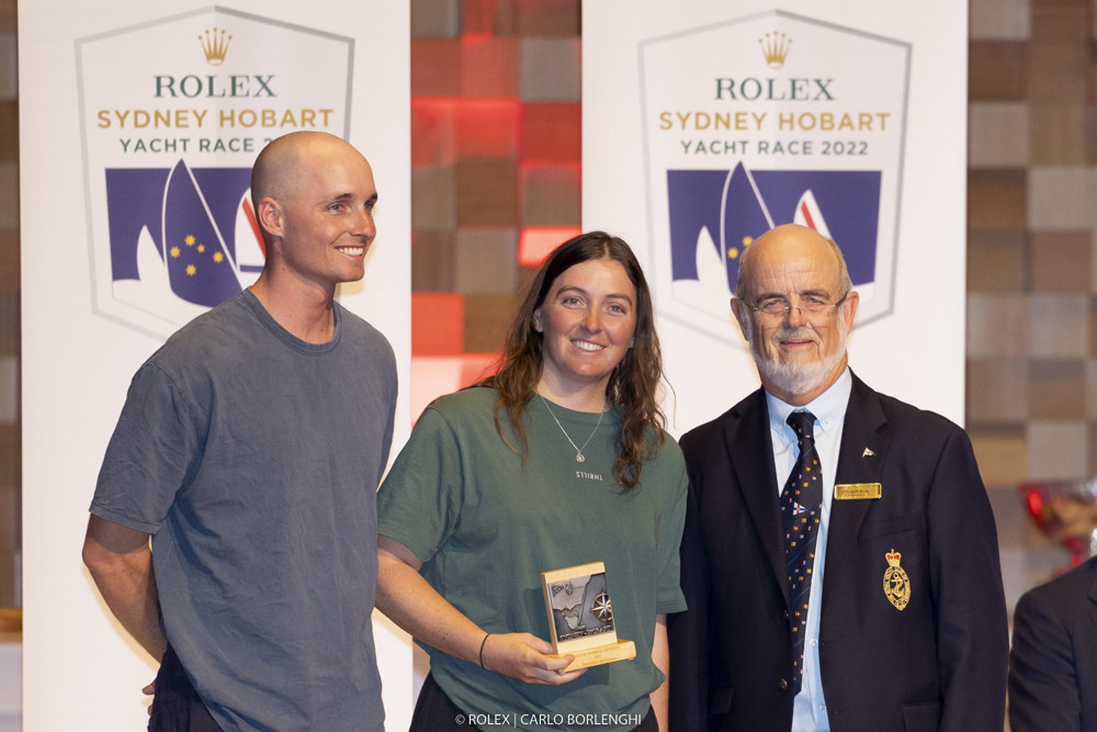 Tom Grimes (co-skipper, Hasta la Vista), Jess Grimes (co-skipper, Hasta la Vista) and Richard Bevan (Commodore, RYCT).