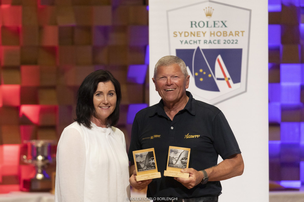 Kate Dean (TasPorts) and Shane Kearns (owner/skipper, White Bay 6 Azzurro).