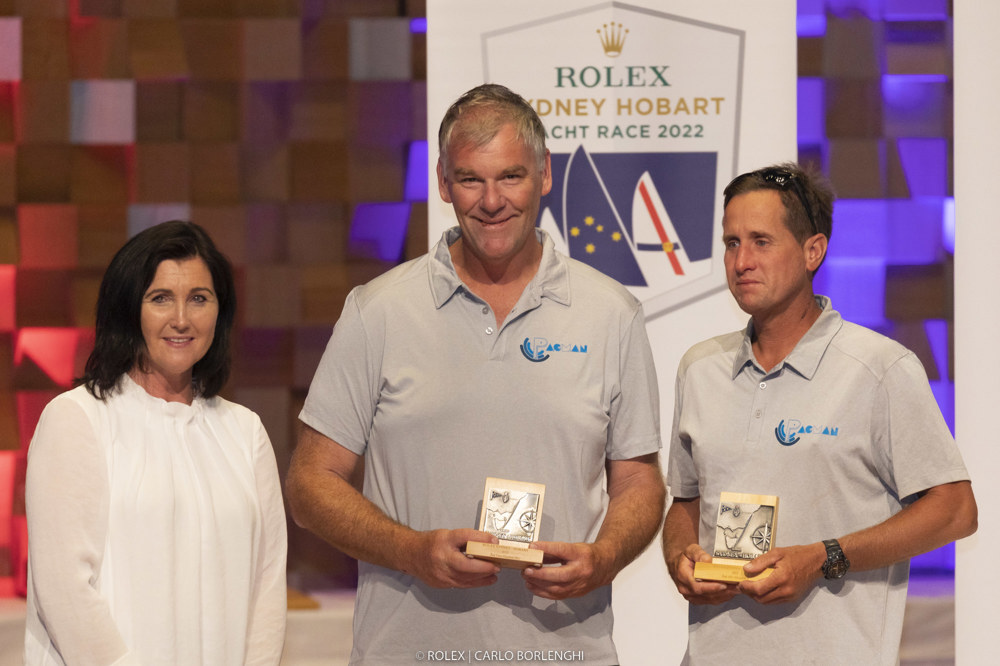 Kate Dean (TasPorts), Peter Elkington (owner/co-skipper, Pacman) and Scott Cavanough (co-skipper, Pacman). 