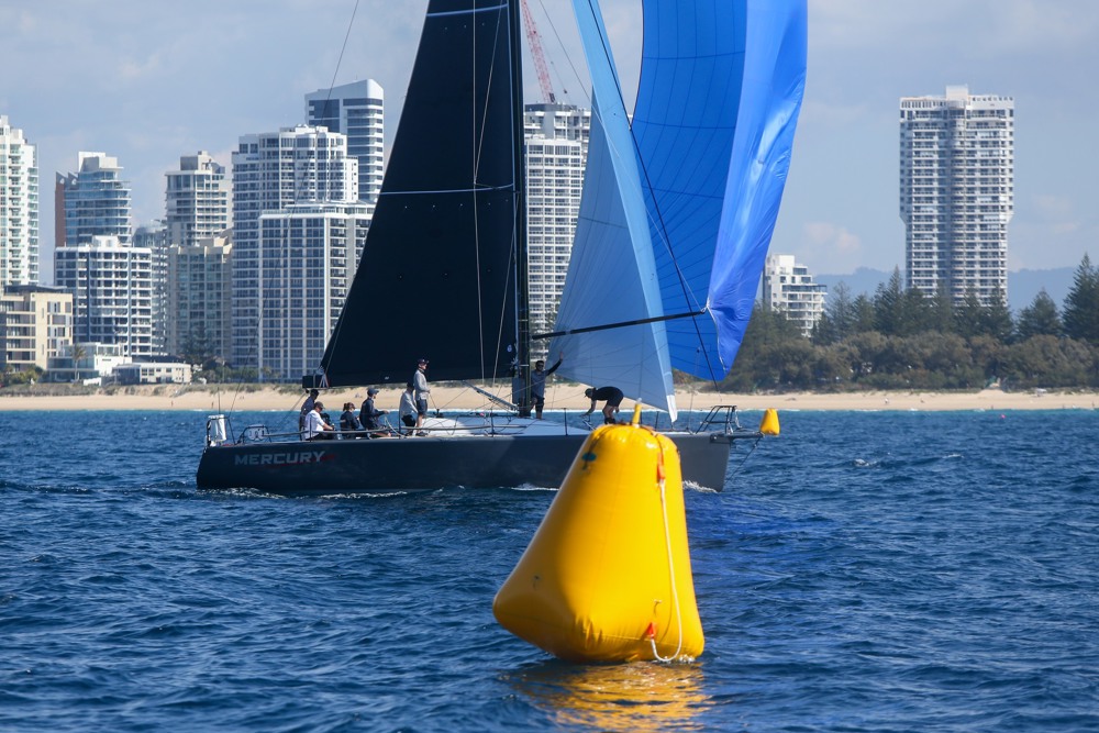 Modified Farr 40 Mercury crossing the finish line