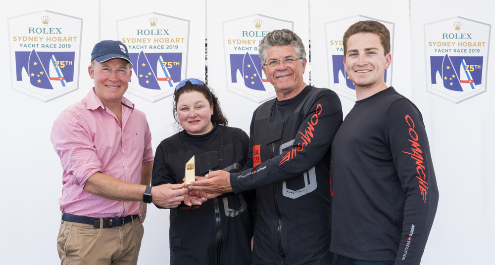 Will Hodgman (Premier of Tasmania), James Cooney (Comanche) and Jim Cooney and Samantha Grant (Comanche owners)