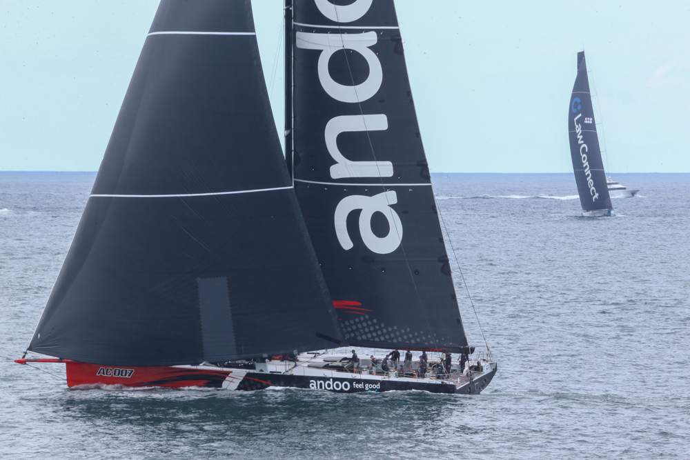 Cabbage Tree Island Race 2023 - Andoo Comanche leading LawConnect to the finish in Sydney Harbour
