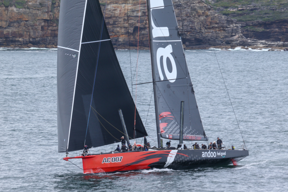 Cabbage Tree Island Race 2023 - Andoo Comanche heading to the finish in Sydney Harbour