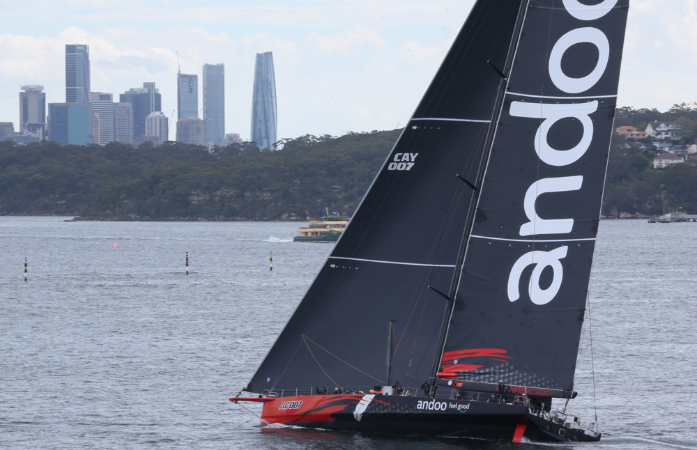 Cabbage Tree Island Race 2023 - Andoo Comanche heading to the finish in Sydney Harbour