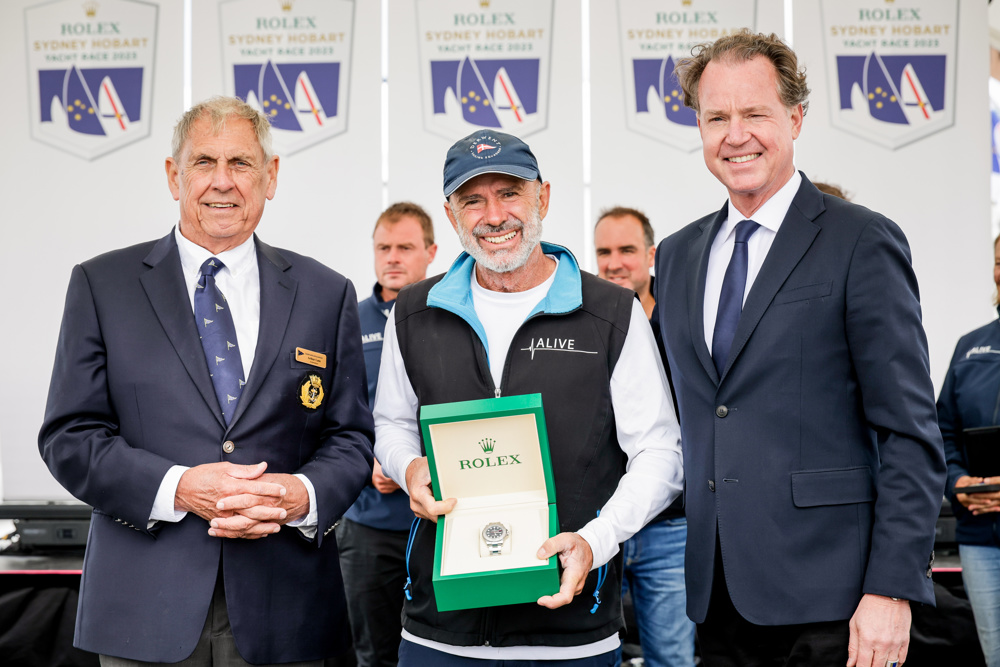 Presentation of the Rolex Timepice to Duncan Hine, skipper of Alive, by Benoît Falletti (Rolex Australia), with CYCA Commodore Arthur Lane