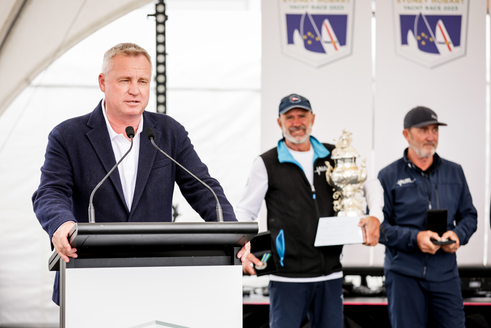 Tasmanian Premier Jeremy Rockliff speaking at the dockside presentation of the Tattersall Cup and Medallions to the crew of Alive