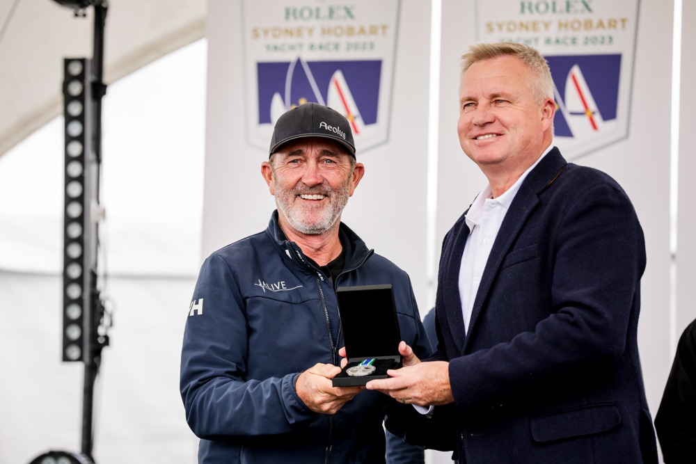 Alive crewmember receiving his Winners Medallion from Tasmanian Premier Jeremy Rockliff