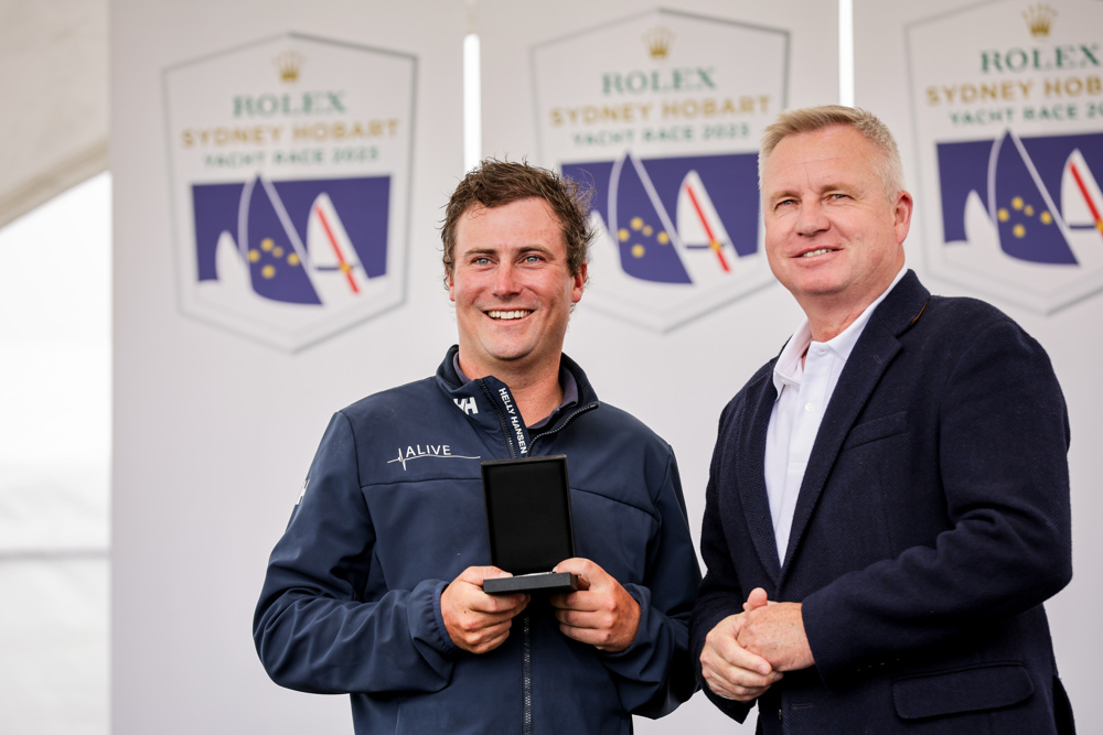 Alive crewmember receiving his Winners Medallion from Tasmanian Premier Jeremy Rockliff