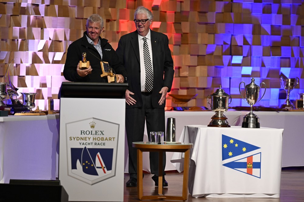 LawConnect, 1st yacht out of Sydney Haeds (Jack Rooklyn Memorial Trophy) and Line Honours winner (John H Illingworth Challenge Cup - owner Christian Beck represented by Sailing Master Tony Mutter