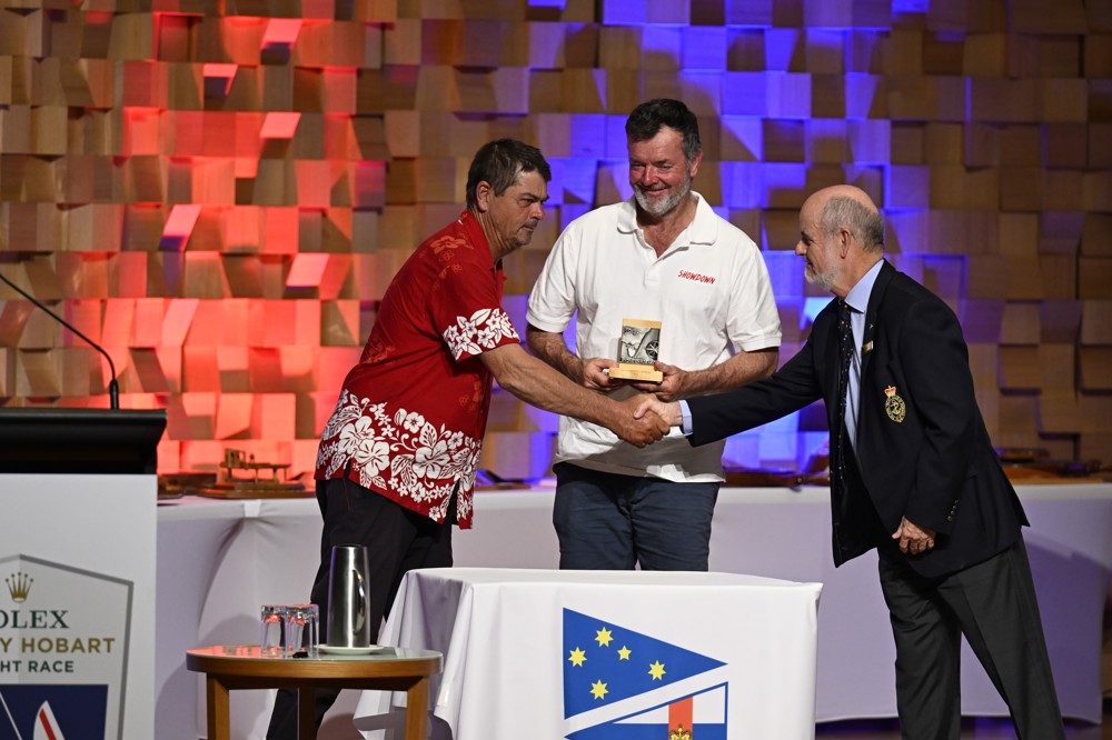 Showdown, 2nd Two-Handed Line Honours - presented by RYCT Commosore Richard Bevan to co-skippers Drew Carruthers and Jim Close
