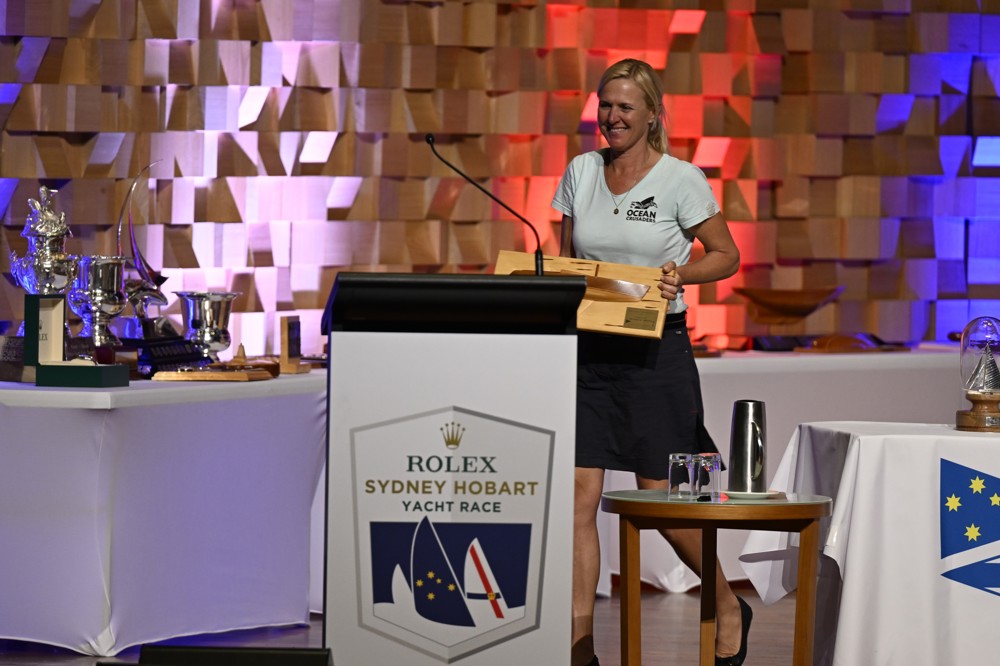 Annika Thomson, skipper of Ocean Crusaders J-Bird, winner of the Jane Tate Memorial Trophy for the 1st female skipper to finish.
