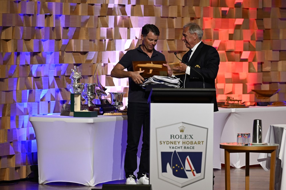 Mistral, 1st IRC Division 4 (Sir Arthur Warner Trophy), 1st Two-Handed Boat Across the Line, 1st Small Boat Across the Line (Battery Point Trophy) and 1st Two-Handed IRC - presented to owner Rupert Henry.