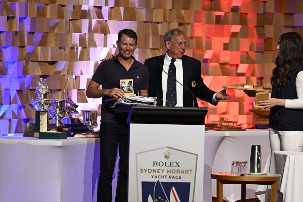 Mistral, 1st IRC Division 4 (Sir Arthur Warner Trophy), 1st Two-Handed Boat Across the Line, 1st Small Boat Across the Line (Battery Point Trophy) and 1st Two-Handed IRC - presented to owner Rupert Henry.