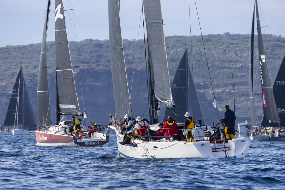 Slow sailing at the start of the 2024 Noakes Sydney Gold Coast Yacht Race.  Wots Next closest to camera..