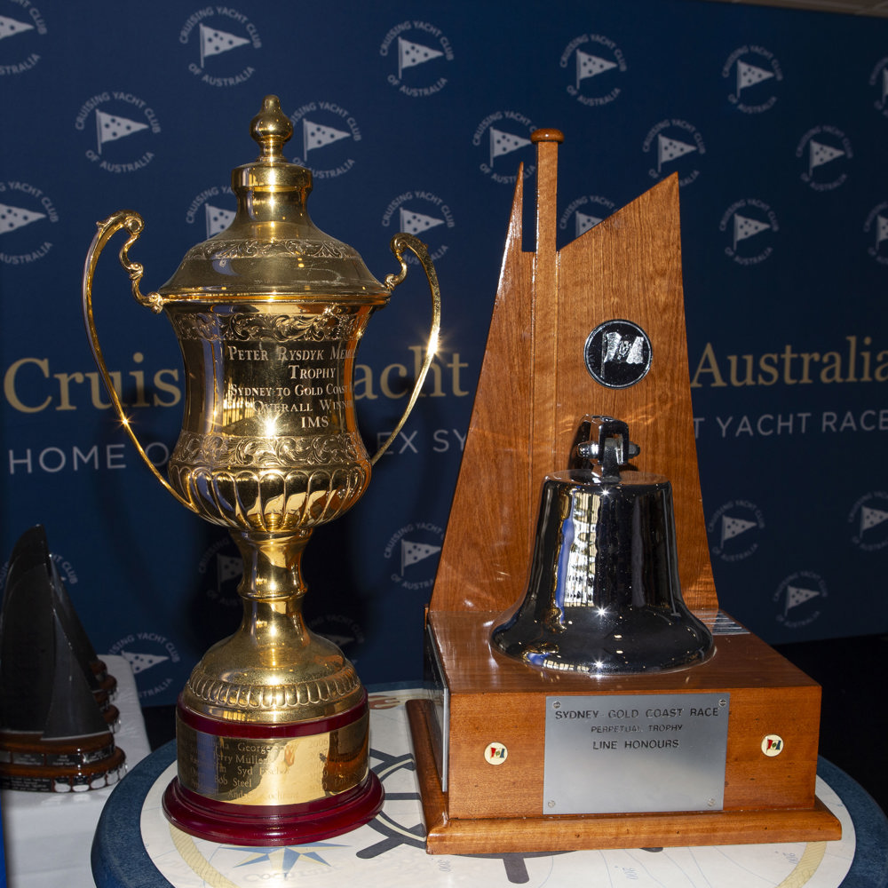 2024 Noakes Sydney Gold Coast Yacht Race Prizegiving - Overall Winner and Line Honours Trophies.    Image: Ashley Dart