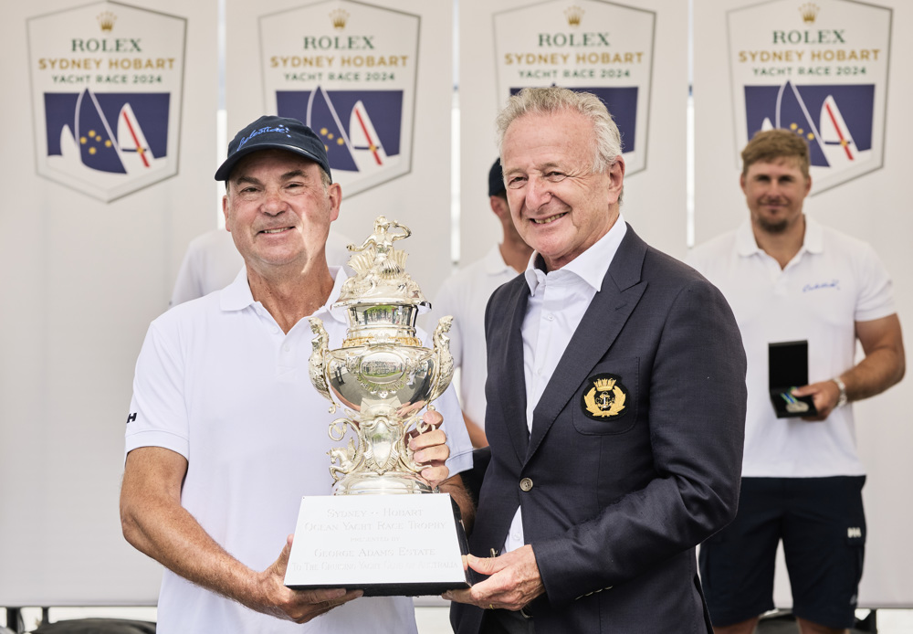 CYCA Vice Commodore David Jacobs presenting the Tattersall Cup to Sam Haynes, skipper of Celestial V70.     