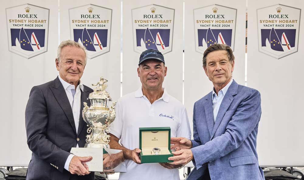 (l to r) David Jacobs, Vice Commodore of CYCA, Sam Haynes, skipper of Celestial V70 and Laurent Delanney, Rolex SA.     