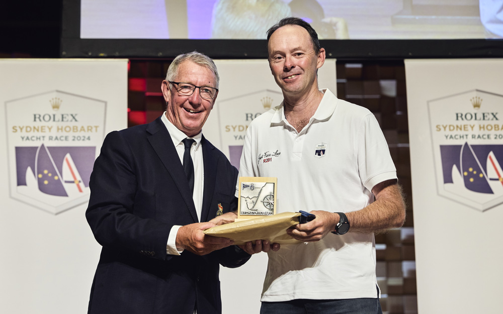 Just Farr Love, 1st PHS Division 2 -  presented by RYCT Commodore Stephen McCullum to skipper Scott Lovell.     