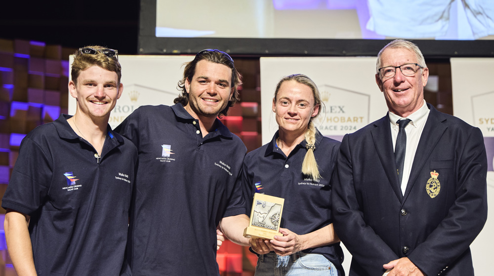 Mako, 2nd PHS Division 1 -  presented by RYCT Commodore Stephen McCullum  to Emily llens, Sam Wood and another crew member representing owner Simon Macks.     