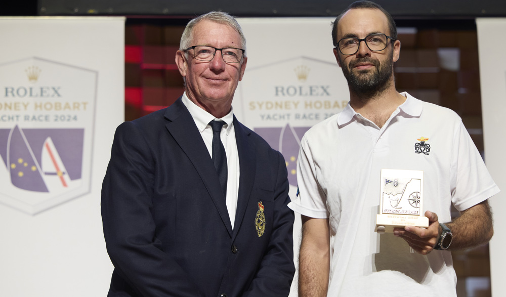 Poulpito, 2nd Sydney 38 Division -  presented by RYCT Commodore Stephen McCullum to skipper David Treguier.     