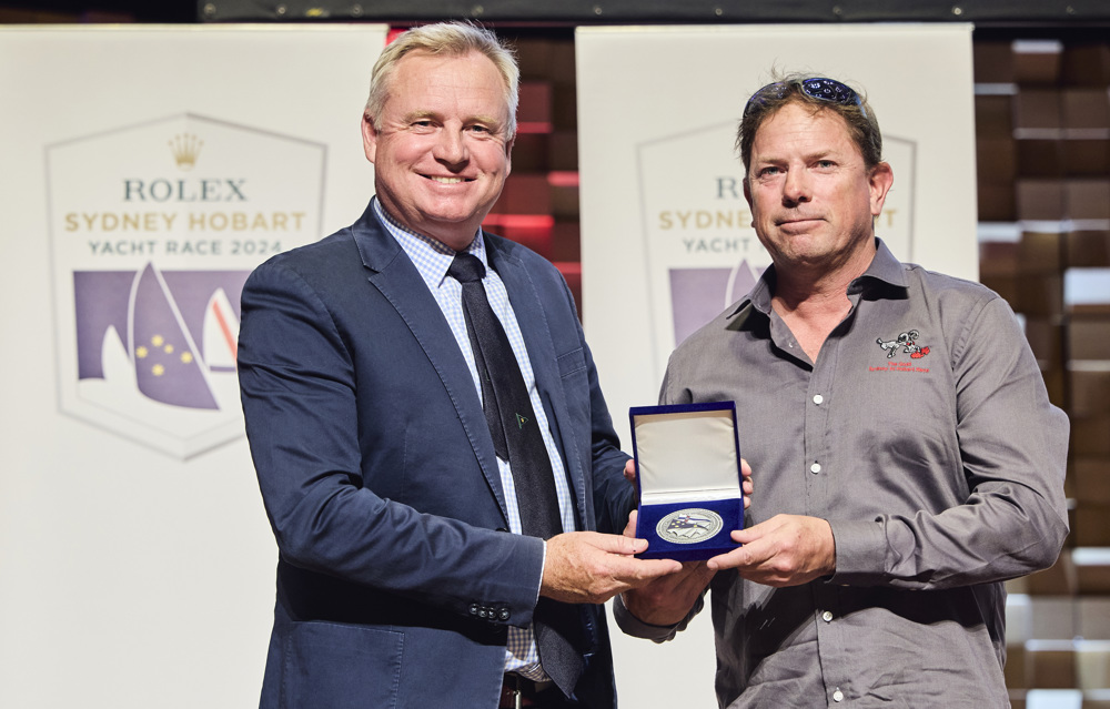 Troy Grafton receiving his medallion for 25 Sydney Hobarts, presented by The Honourable Jeremy Rockliff, Premier of Tasmania.
