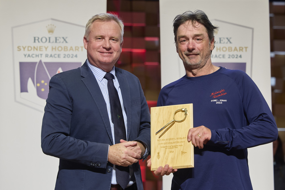 Navigator of 1st Tasmanian Yacht on Corrected Time - presented by The Honourable Jeremy Rockliff, Premier of Tasmania to Andrew Davison of Midnight Rambler.    