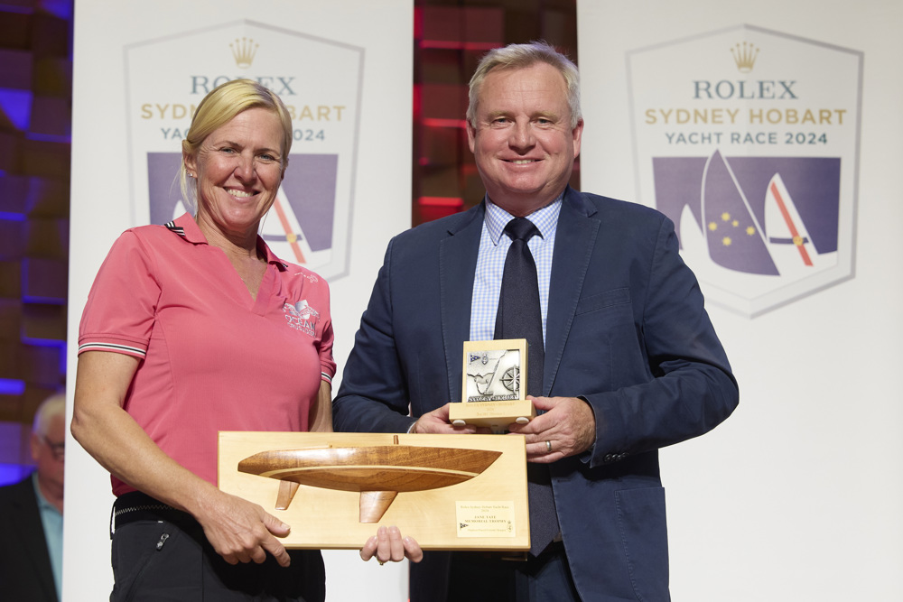 1st Female Skipper (Jane Tate Memorial Trophy and Half Model) and 3rd IRC Division 1 - presented by The Honourable Jeremy Rockliff, Premier of Tasmania to Annika Thomson, skipper of Ocean Crusaders J-Bird.    