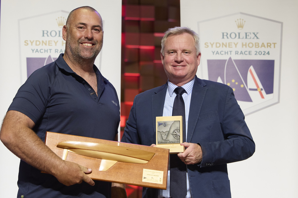 Caro, 1st Yacht under 18.5 metres LOA across the Finish Line (Apollo Trophy and Half Model), 1st IRC Division 1 - presented by The Honourable Jeremy Rockliff, Premier of Tasmania to owner Max Klink represented by Wade Morgan.     