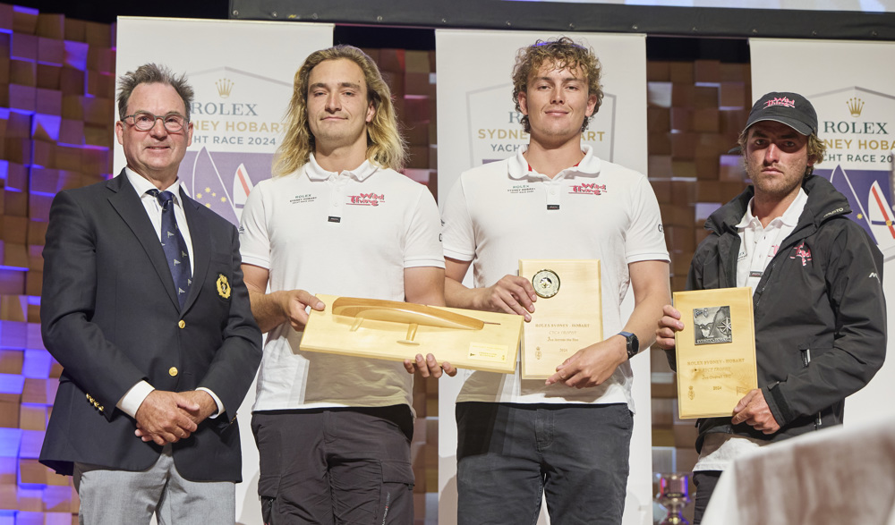 Wild Thing 100, 3rd Over the Line, 3rd IRC Division 0, 3rd IRC Overall (RYCT Trophy Storm Bay Cup) - presented by CYCA Commodore Haynes to owners Grant Wharrington and Adrian Seiffert represented by  Theo Somssich and other crew.    