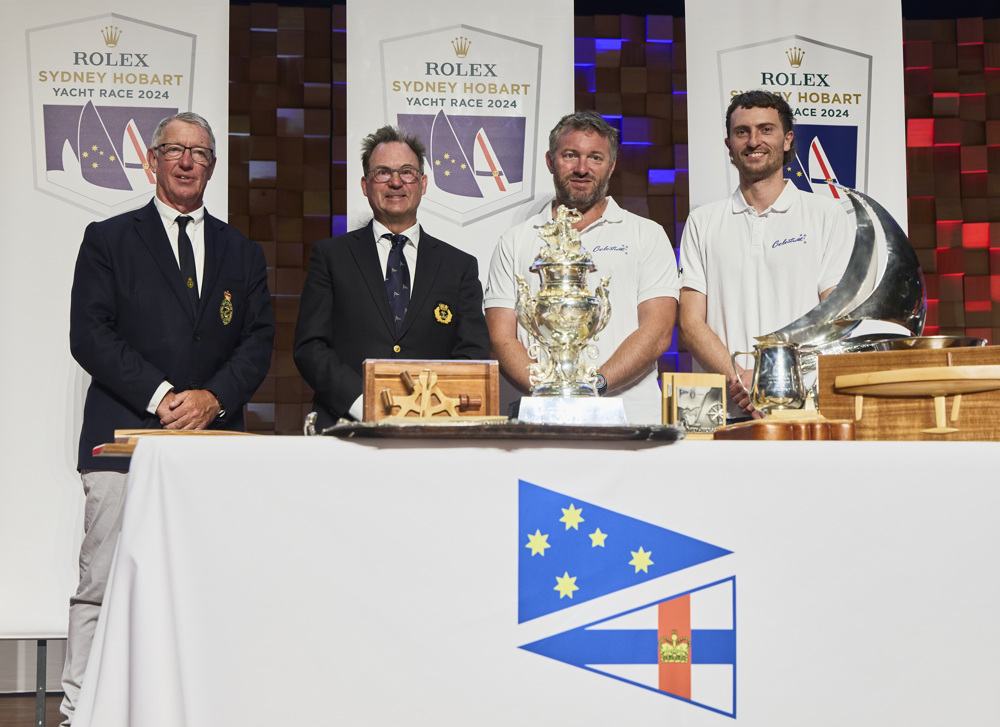 Celestial V70, 2nd Over the Line, 1st IRC Division 0 (Rushcutter Trophy), 1st IRC Overall (George Adams Tattersall Cup, RORC Plaque) - pesented by RYCT Commodore Stephen McCullum to owner Sam Haynes.    