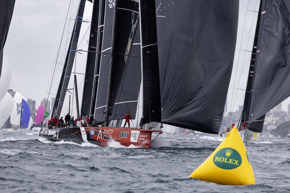 Start of the race out of Sydney Harbour

MASTER LOCK COMANCHE, Sail No: CAY007, Owner: Matt Allen/James Mayo - Charterers, Skipper: Matt Allen/James Mayo, Club: CYCA/RPEYC, NSW, Design: VPLP Verdier 100, LOA (m): 30.5, Year: 2014