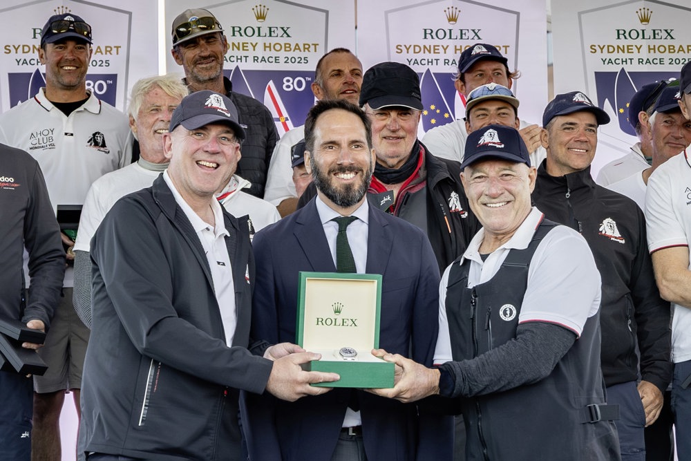 Matt Allen, Eduardo Maclean, Managing Director Rolex Australia and James Mayo.  MASTER LOCK COMANCHE, Sail No: CAY007, Owner: Matt Allen/James Mayo - Charterers, Skipper: Matt Allen/James Mayo, Club: CYCA/RPEYC, NSW, Design: VPLP Verdier 100, LOA (m): 30.5, Year: 2014