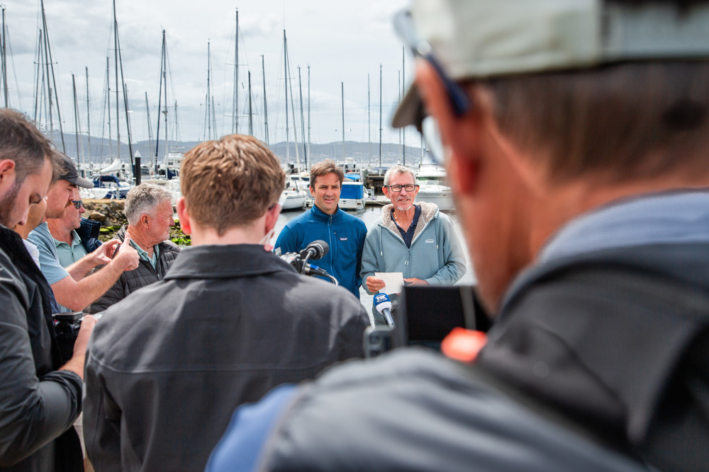 The co-skippers of BNC - my::Net / Leon speaking to the media after the announcement of the outcome of the protest.    Image: CYCA | Ashley Dart