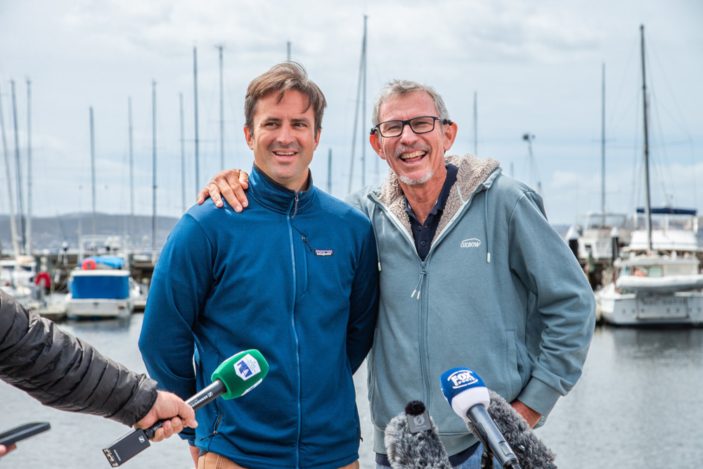 The co-skippers of BNC - my::Net / Leon (Yann Rigal (l) & Michael Quintin (r)) speaking to the media after the announcement of the outcome of the protest.    Image: CYCA | Ashley Dart