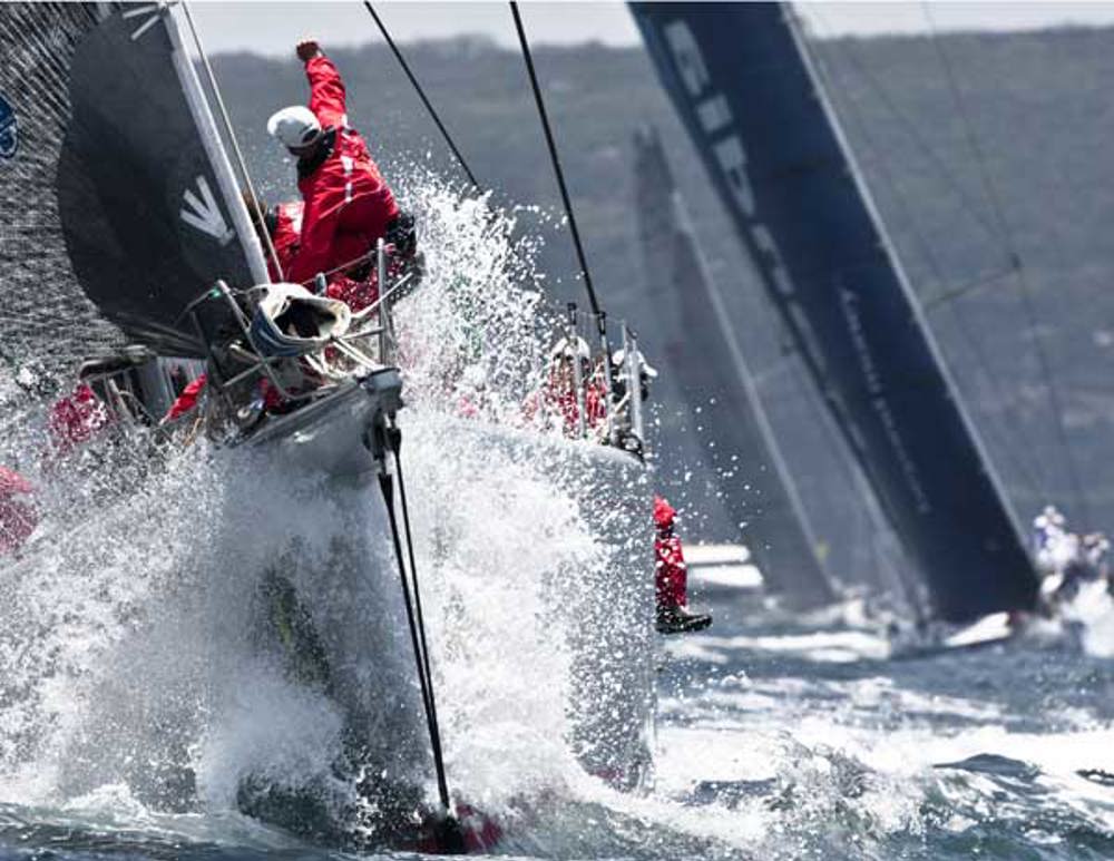 Bowman on Wild Oats XI out on a limb during the start of 64th Rolex Sydney Hobart