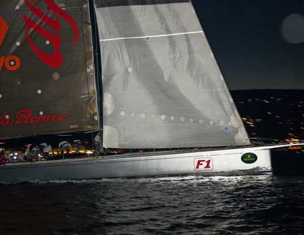 Neville Crichton’s RP 100 Alfa Romeo crossing the finish line at 10:02pm, 28 December 2009