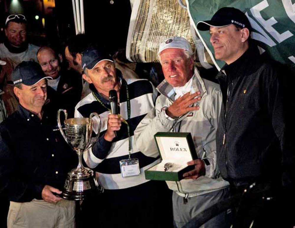Dockside Presentation of Rolex Yachtmaster and the J H Illingworth trophy – L – R, CYCA Vice Commodore Howard Piggott, Royal Yacht Club of Tasmania Commodore Clive Simpson, Neville Crichton, owner Alfa Romeo and Matteo Mazzanti, Rolex SA