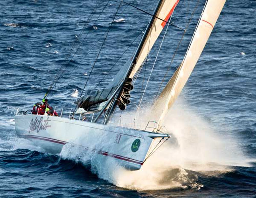 Bob Oatley's super maxi Wild Oats XI at full power early on Day 2