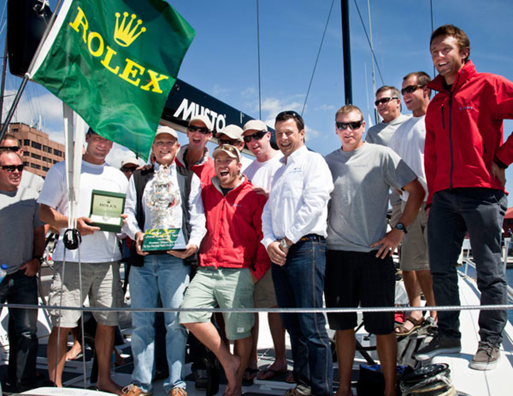 Loki crew are presented with Tattersall's Cup and Rolex Yacht-Master timepiece by Patrick Boutellier (Rolex Australia) and Commodores Graham Taplin (RYCT) and Garry Linacre (CYCA)