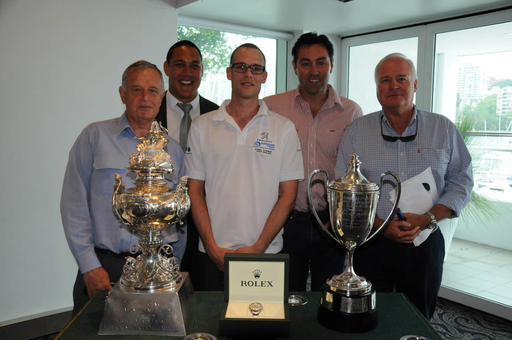 The Rolex Sydney Hobart Yacht Race media launch panel: Tony Ellis (Ragamuffin Loyal), Geoff Huegill (Ragamuffin Loyal), Sebastien Guyot (Peugeot Surfrider), Mark Richards (Wild Oats XI) and Bob Steel (Quest) with the Tattersall’s Cup and J H Illingworth trophy and Rolex timepiece