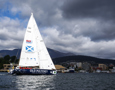 The Old Pulteney boat makes its way towards the finish line at the end of the Clipper Round the World race, a category of the Sydney to Hobart yacht race at Constitution Dock in Hobart, Monday, Dec. 30, 2013. (AAP Image/Heath Holden) NO ARCHIVING, EDITORIAL USE ONLY