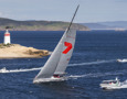 WILD OATS XI passes the Iron Pot lighthouse at the entrance to the Derwent River