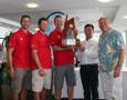 Wild Oats XI crew accept the line honours trophy from CYCA Commodore Howard Piggott and Southport Yacht Club Commodore Rob Mundle